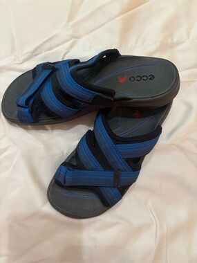 Ecco Blue and Black Cross-Strap Slide Sandals 37
